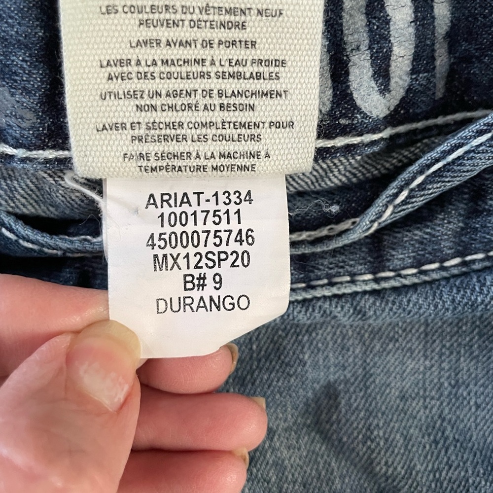 Ariat Men's M4 Distressed 33 30 Low Rise Bootcut Jeans White and Leather Accent - Picture 3 of 4